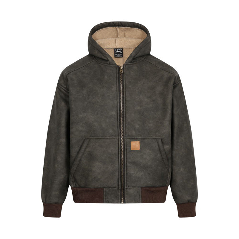 Street Style Thickened Suede Retro Hooded Cotton Coat Faux Unisex Couple Cotton Jacket