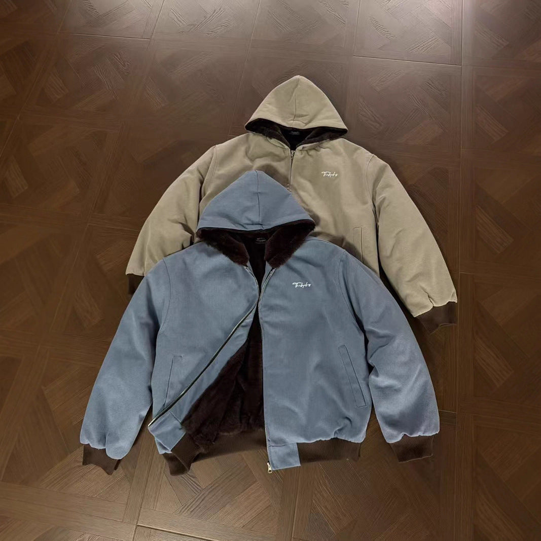 Retro Ice Blue Detroit Warm Mountain Hawk Cotton Coat, Unisex Street Style Loose Short Thick Outerwear