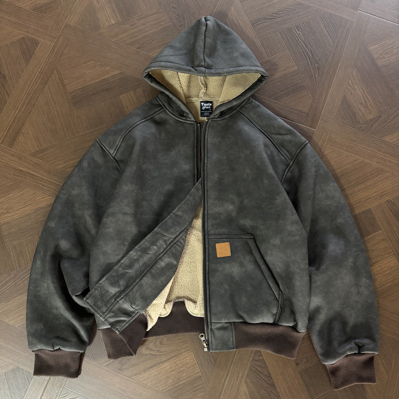 Street Style Thickened Suede Retro Hooded Cotton Coat Faux Unisex Couple Cotton Jacket