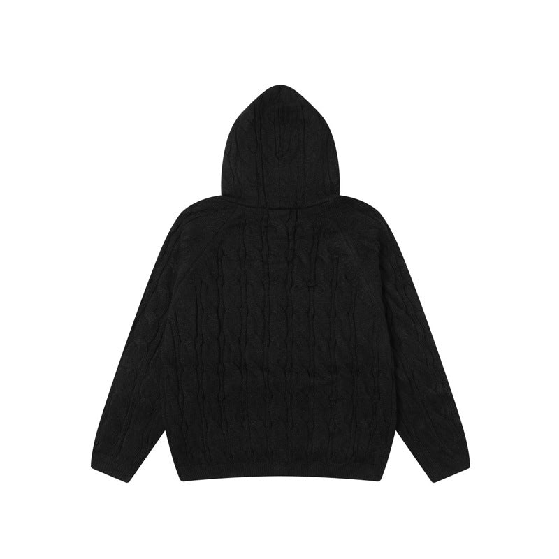 Retro Street Knit Sweater with Cabled Hoodie, Unisex Loose Lazy Style Casual Commute Couple Knit Cardigan Coat