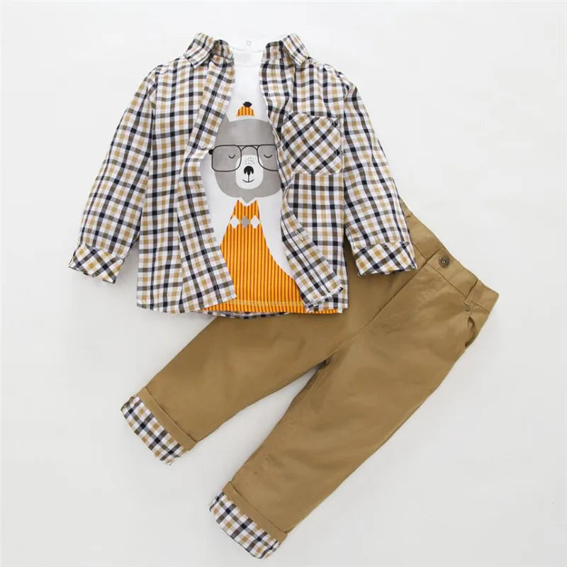 Kids BoysClothes  Children Plaid Coat+T-Shirt+Pants 3pcs
